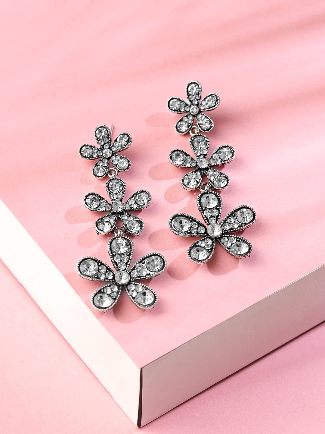 Oxidised Flower Crystal Dangler Earrings